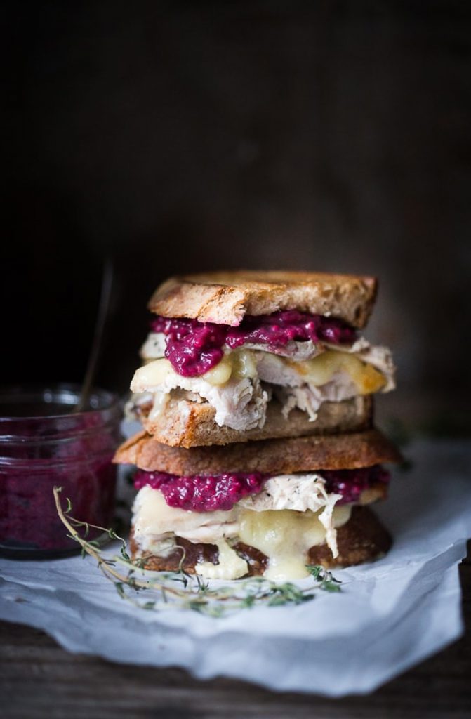 turkey and brie grilled cheese sandwich with cranberry mustard