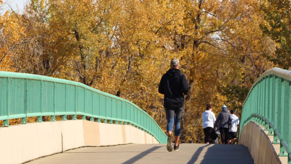 people crossing the sue higgins pedestrian bridge in fish creek park