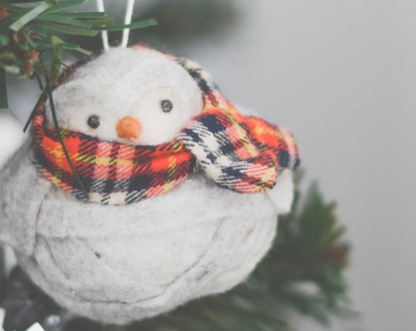 bird christmas ornament wearing a red and black scarf