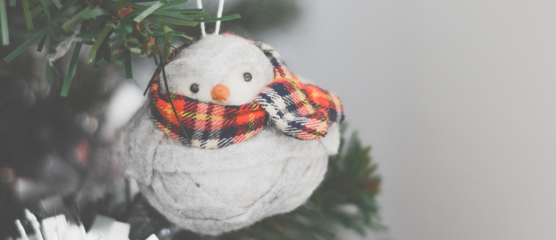 bird christmas ornament wearing a red and black scarf