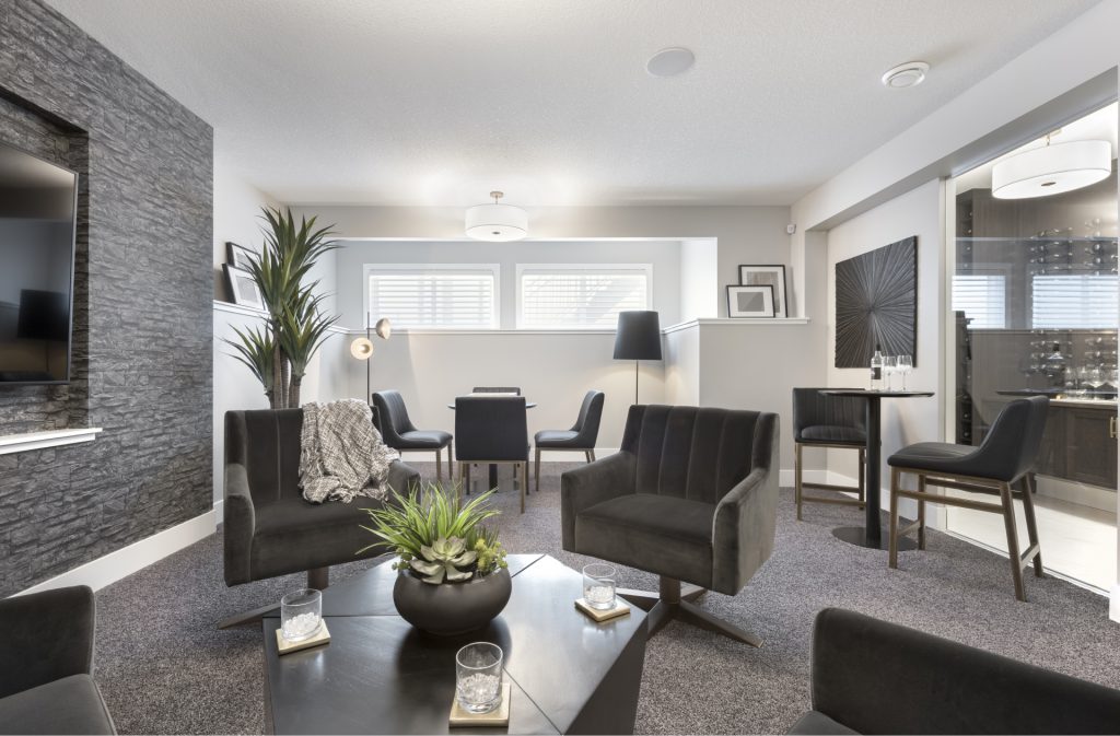 basement flex room in a jayman built home with dark toned furniture, light grey walls, and plant accents